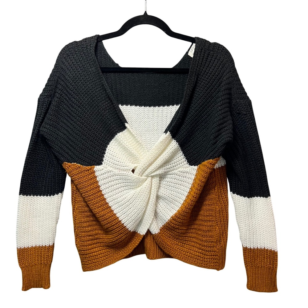 Full Circle Trends Womens Twist Front Color Block Knit‎ Sweater Medium